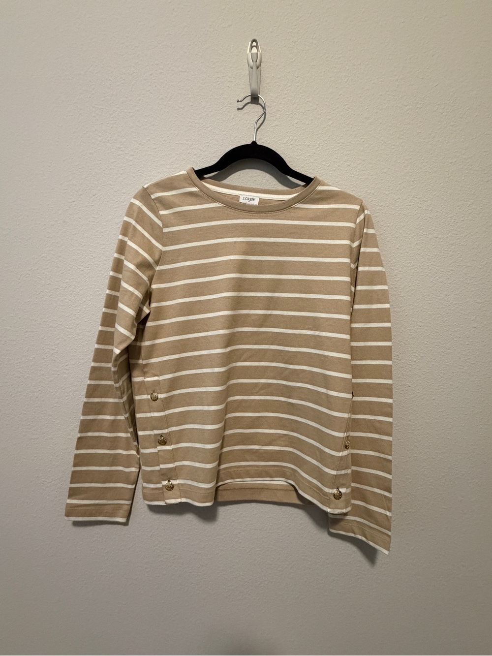 J. Crew Tan & White Striped Long Sleeve Top with Side Buttons